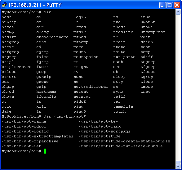  Putty prozor kod 'My Book Live' - debian bin imenik 